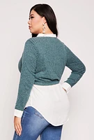 Womens Plus Size Brushed Rib Knit Sweater Blouse, Green, Size 1X