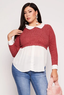 Womens Plus Brushed Rib Knit Sweater Blouse,
