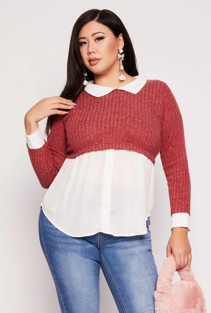 Womens Plus Brushed Rib Knit Sweater Blouse, Burgundy,