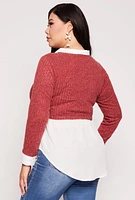 Womens Plus Brushed Rib Knit Sweater Blouse, Burgundy,