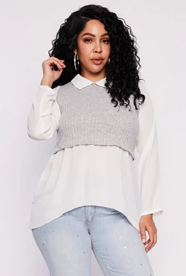 Womens Plus Brushed Knit Sweater Vest Blouse, Grey,