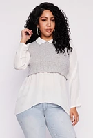 Womens Plus Brushed Knit Sweater Vest Blouse, Grey,