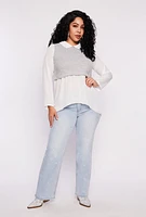 Womens Plus Brushed Knit Sweater Vest Blouse, Grey,