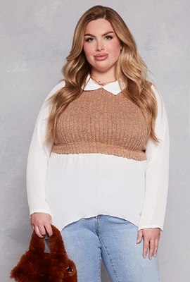 Womens Plus Size Brushed Knit Sweater Vest Blouse, Brown, Size 1X