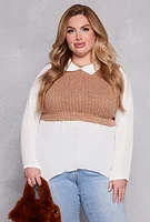 Womens Plus Size Brushed Knit Sweater Vest Blouse, Brown, Size 1X