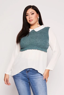 Womens Plus Brushed Knit Sweater Vest Blouse,