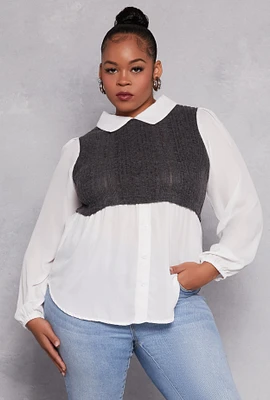 Womens Plus Brushed Rib Knit Sweater Vest Blouse, Grey,