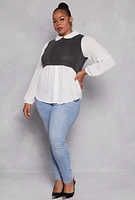 Womens Plus Size Brushed Rib Knit Sweater Vest Blouse, Grey, Size 2X