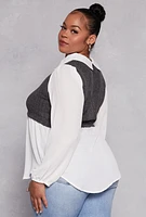 Womens Plus Size Brushed Rib Knit Sweater Vest Blouse, Grey, Size 2X