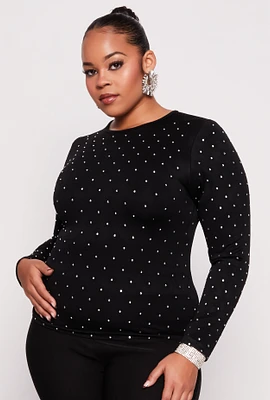 Womens Plus Size Rhinestone Studded Long Sleeve Top, Black, Size 1X-2X