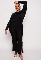 Womens Plus Size Rhinestone Studded Long Sleeve Top, Black, Size 1X-2X