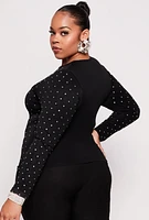 Womens Plus Size Rhinestone Studded Long Sleeve Top, Black, Size 1X-2X