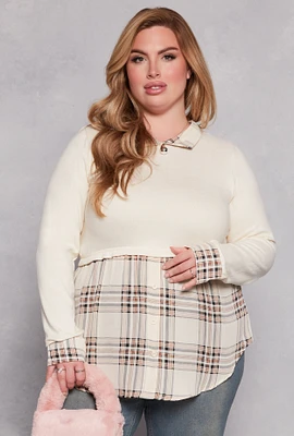 Womens Plus Size Plaid Hem Sweater Blouse, Beige, Size 3X