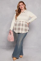 Womens Plus Size Plaid Hem Sweater Blouse, Beige, Size 3X