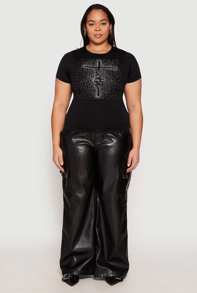 Womens Plus Size Rhinestone Faith Cross Short Sleeve Top, Black
