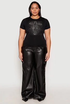 Womens Plus Size Rhinestone Faith Cross Short Sleeve Top, Black