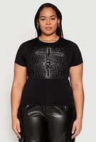 Womens Plus Size Rhinestone Faith Cross Short Sleeve Top, Black, Size 1X-2X