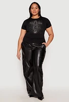 Womens Plus Size Rhinestone Faith Cross Short Sleeve Top, Black
