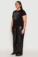 Womens Plus Size Rhinestone Faith Cross Short Sleeve Top, Black