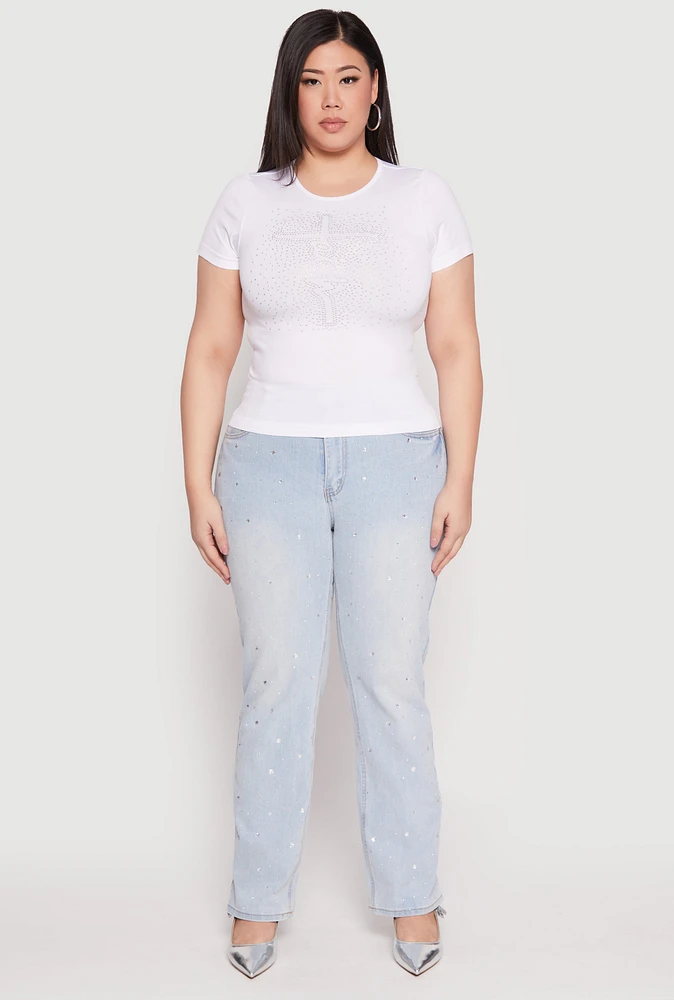 Womens Plus Size Rhinestone Faith Cross Short Sleeve Top, White, Size 2X-3X