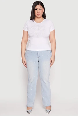 Womens Plus Size Rhinestone Faith Cross Short Sleeve Top, White, Size 2X-3X