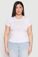 Womens Plus Size Rhinestone Faith Cross Short Sleeve Top, White, Size 1X-2X