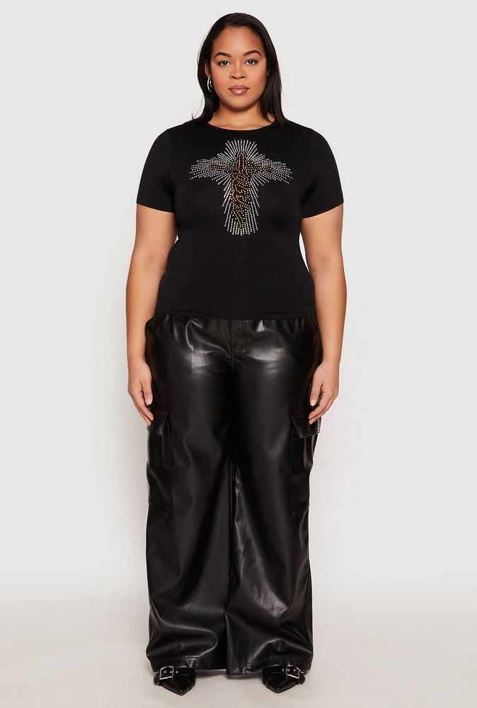 Womens Plus Faith Cross Rhinestone Short Sleeve Top, 1X-2X