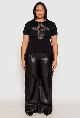 Womens Plus Size Faith Cross Rhinestone Short Sleeve Top, Black, Size 1X-2X