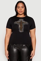 Womens Plus Size Faith Cross Rhinestone Short Sleeve Top, Black, Size 1X-2X