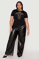 Womens Plus Faith Cross Rhinestone Short Sleeve Top, 1X-2X