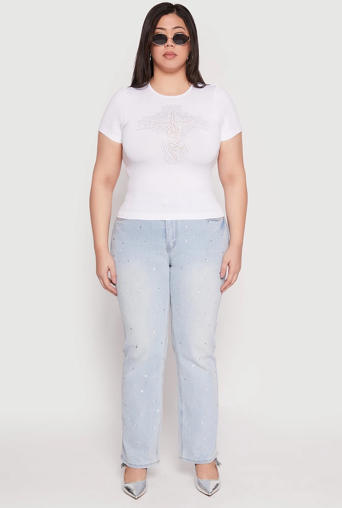 Womens Plus Size Faith Cross Rhinestone Short Sleeve Top, White, Size 1X-2X