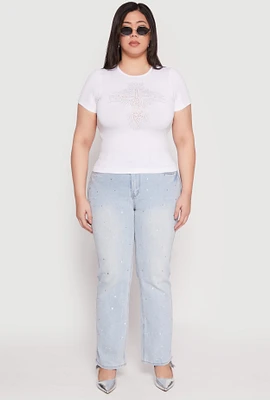 Womens Plus Size Faith Cross Rhinestone Short Sleeve Top, White, Size 1X-2X