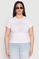 Womens Plus Size Faith Cross Rhinestone Short Sleeve Top, White, Size 1X-2X