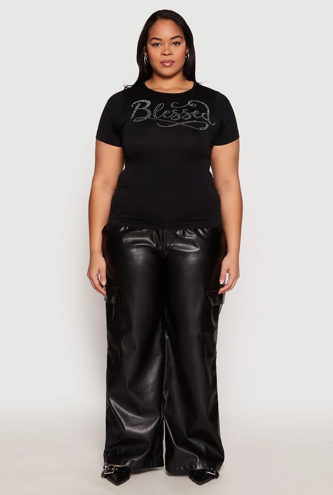 Womens Plus Size Rhinestone Blessed Short Sleeve Top, Black, Size 1X-2X