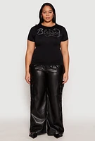 Womens Plus Size Rhinestone Blessed Short Sleeve Top, Black, Size 1X-2X