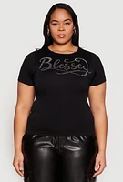 Womens Plus Size Rhinestone Blessed Short Sleeve Top, Black, Size 1X-2X