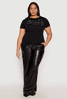 Womens Plus Size Rhinestone Blessed Short Sleeve Top, Black, Size 1X-2X