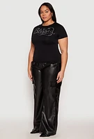Womens Plus Size Rhinestone Blessed Short Sleeve Top, Black, Size 1X-2X