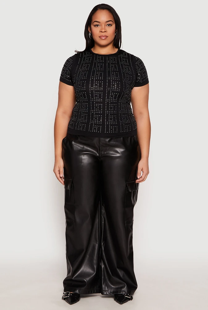 Womens Plus Size Geometric Rhinestone Short Sleeve Top, Black, Size 2X-3X