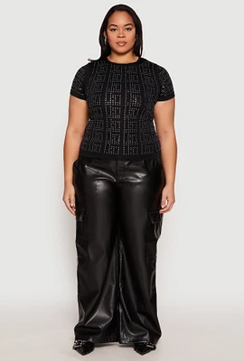 Womens Plus Size Geometric Rhinestone Short Sleeve Top, Black, Size 2X-3X