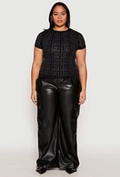 Womens Plus Size Geometric Rhinestone Short Sleeve Top, Black, Size 1X-2X