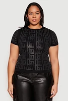 Womens Plus Size Geometric Rhinestone Short Sleeve Top, Black, Size 2X-3X