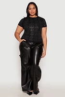 Womens Plus Size Geometric Rhinestone Short Sleeve Top, Black, Size 2X-3X