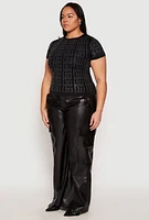 Womens Plus Size Geometric Rhinestone Short Sleeve Top, Black, Size 2X-3X
