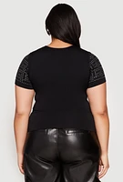 Womens Plus Size Geometric Rhinestone Short Sleeve Top, Black, Size 2X-3X