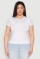 Womens Plus Size Geometric Rhinestone Short Sleeve Top, White, Size 2X-3X