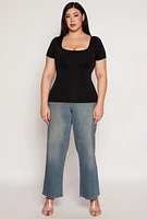 Womens Plus Size Seamless Square Neck Short Sleeve Top, Black, Size 1X-2X