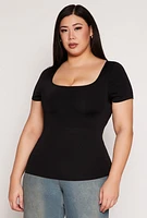 Womens Plus Size Seamless Square Neck Short Sleeve Top, Black, Size 1X-2X