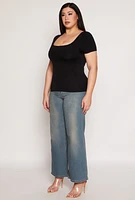 Womens Plus Size Seamless Square Neck Short Sleeve Top, Black, Size 1X-2X