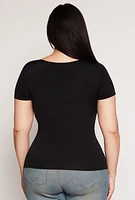 Womens Plus Size Seamless Square Neck Short Sleeve Top, Black, Size 1X-2X